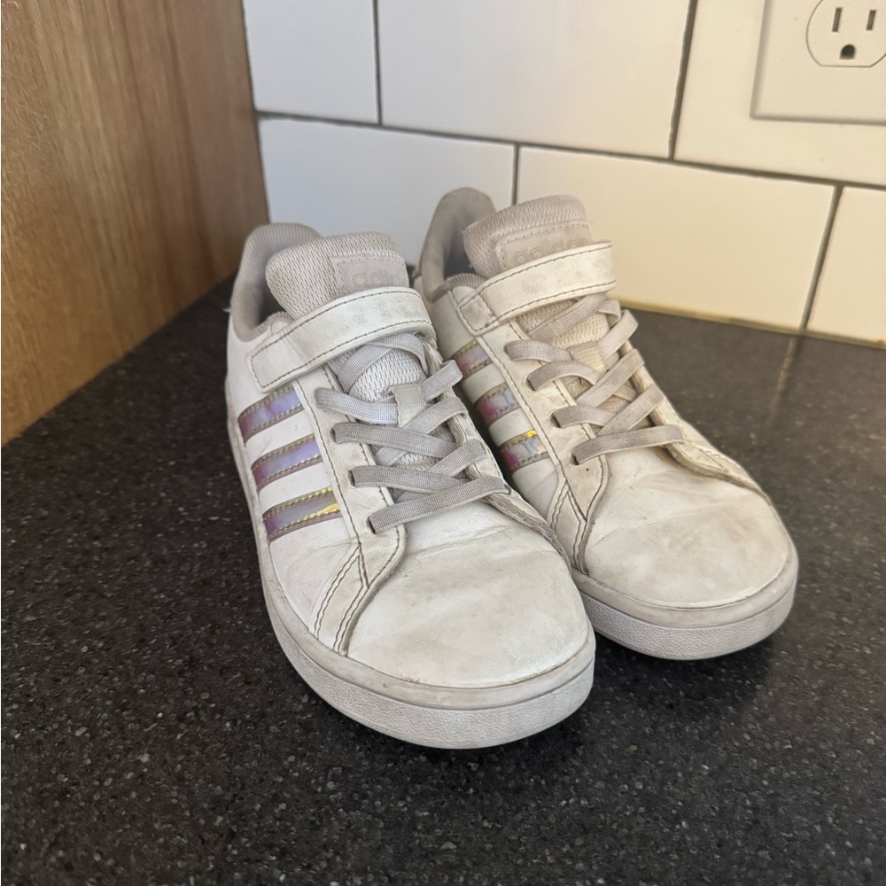 adidas White Sneakers with Iridescent Stripes